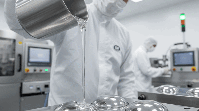 A man is pouring liquid silicone rubber to the mold.