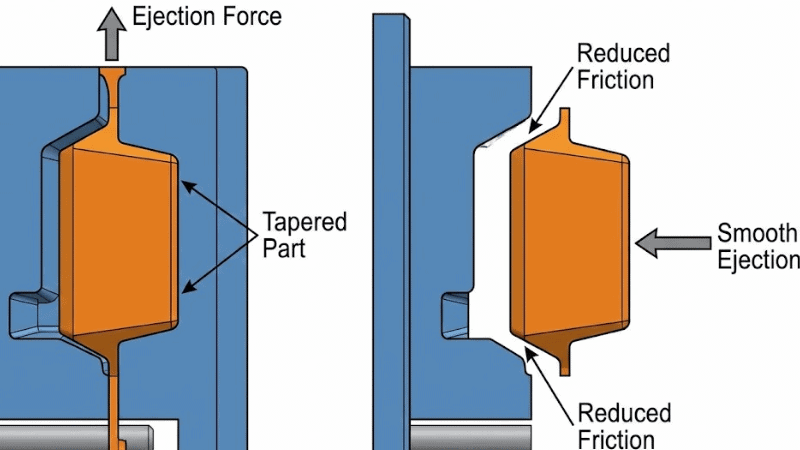 La superficie cónica reduce la fricción entre la pieza y la cavidad del molde, lo que garantiza una expulsión suave.