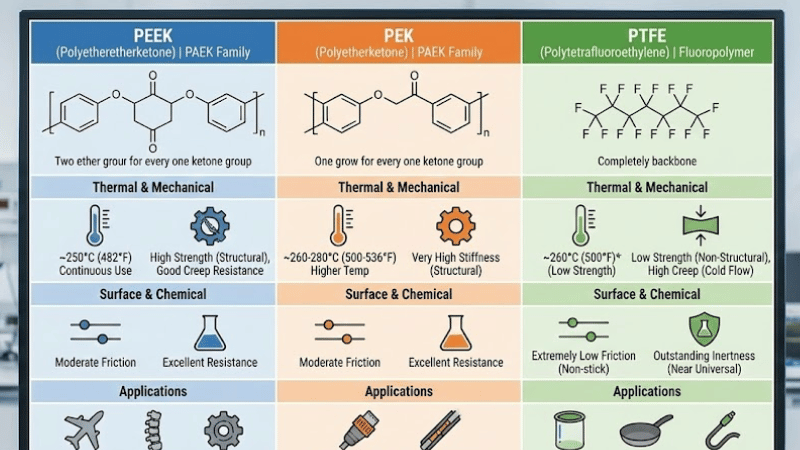 compare PEEK with PEK and PTFE
