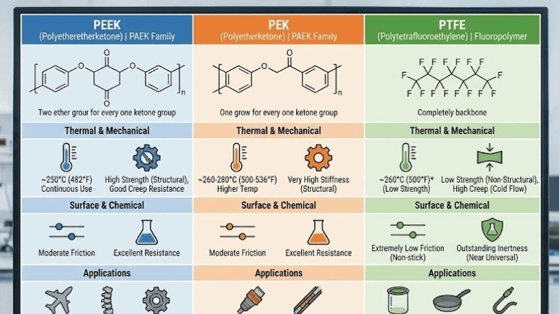 compare PEEK with PEK and PTFE