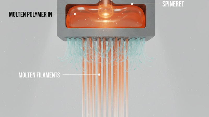 Polypropylene polymers are melted and extruded using a spinneret in this step. 