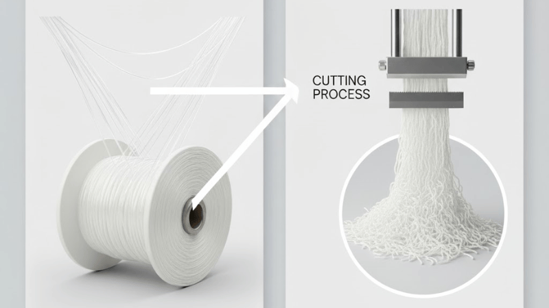 Filaments are cut into either short fiber lengths or continuous filaments.