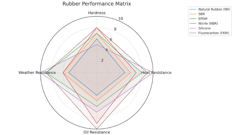 Rubber performance comparison chart showing hardness, heat resistance, oil resistance, and weather resistance for natural rubber, synthetic rubber, and specialty rubber.