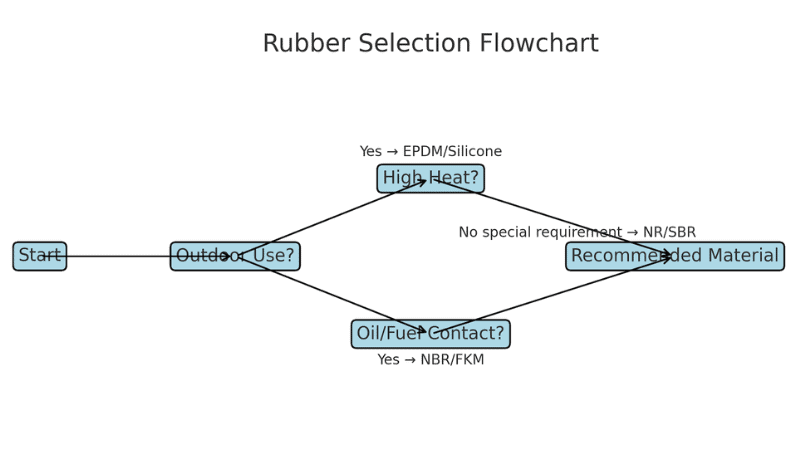 Flowchart for selecting rubber materials based on application, including automotive, industrial, medical, and consumer product uses.