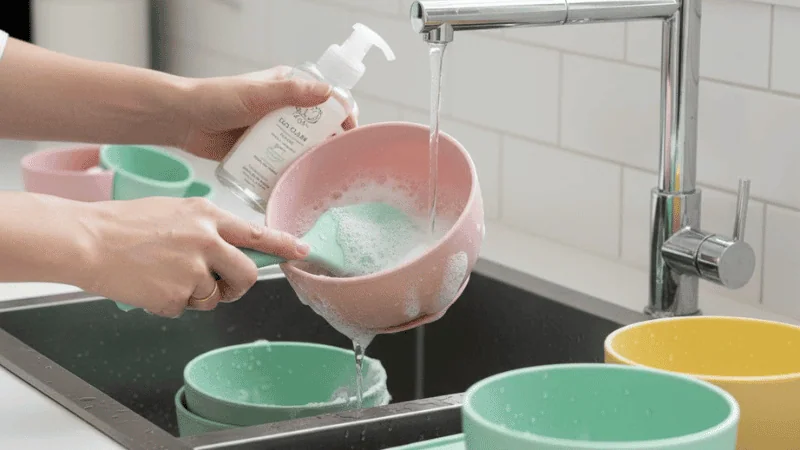 Clean silicone bowls with mild detergents or compatible cleaning agents.