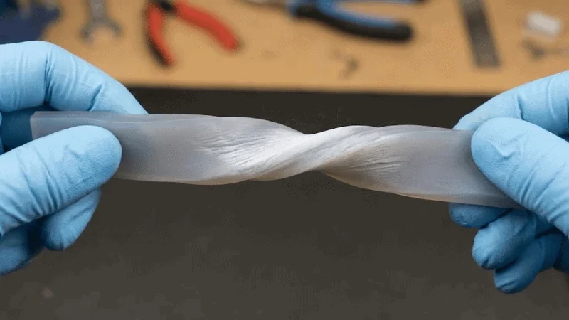 A man twist the silicone and it turns white.